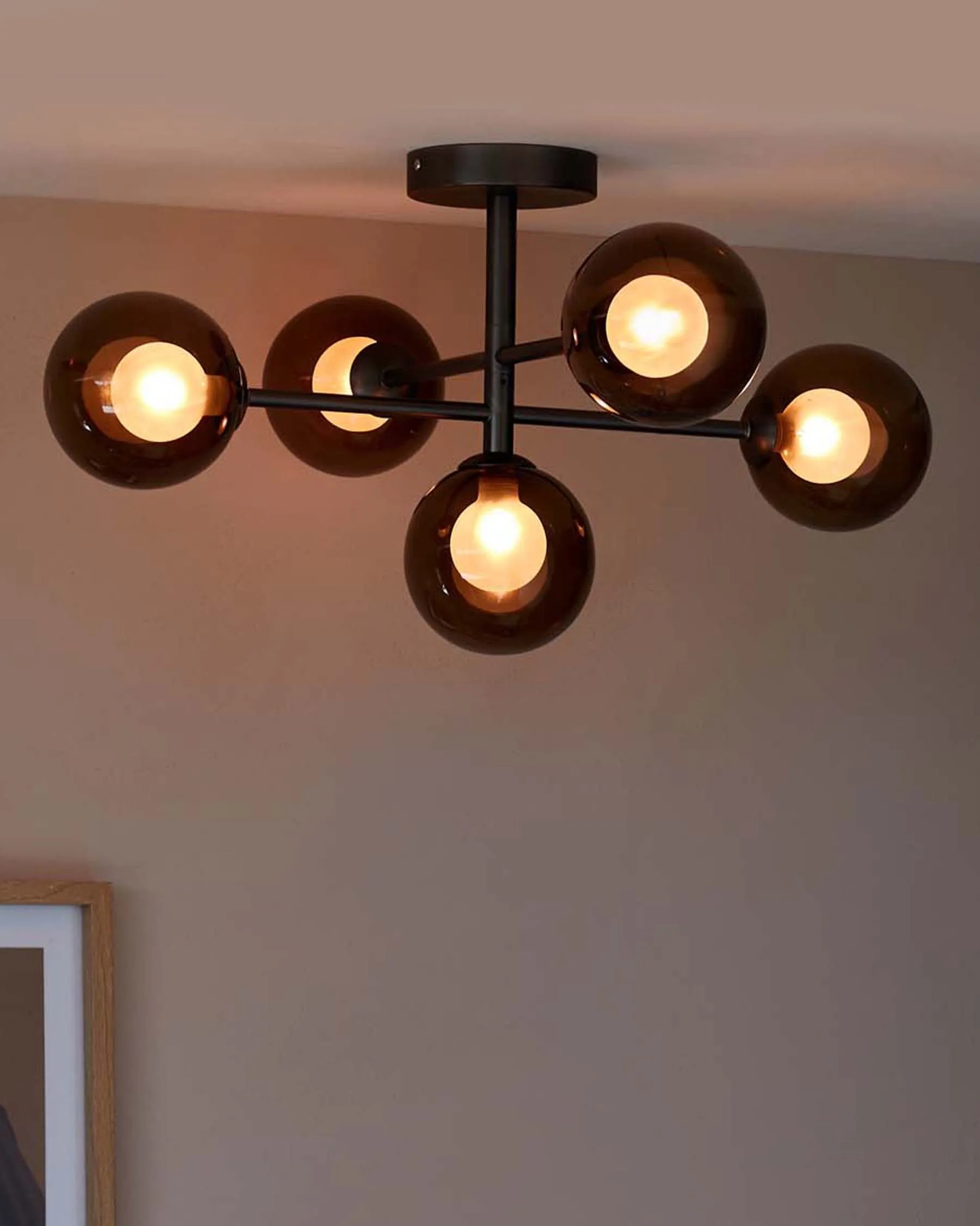 Riley Satin Nickel Semi Flush Pendant Light with Mocha Glass Bauble
