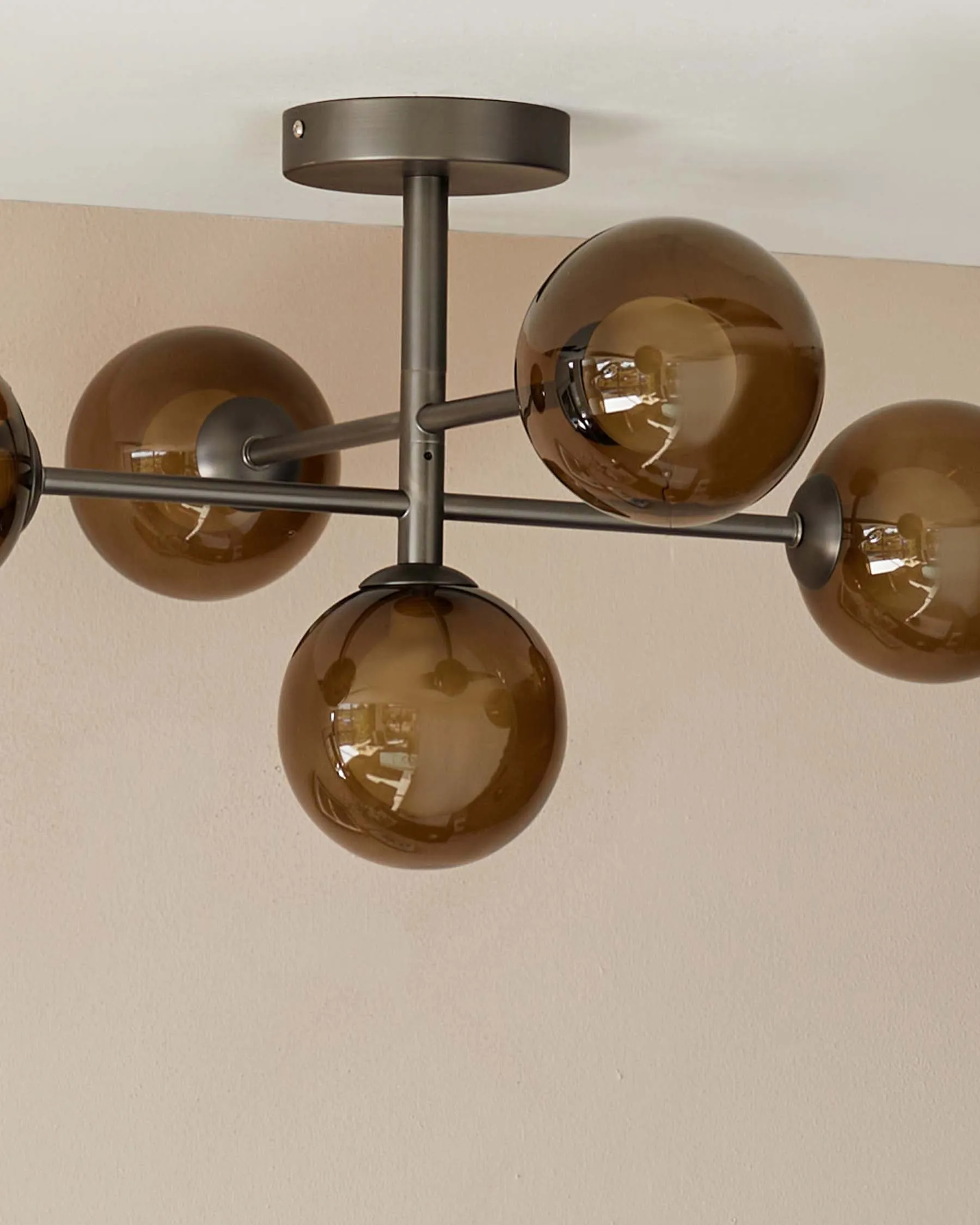 Riley Satin Nickel Semi Flush Pendant Light with Mocha Glass Bauble