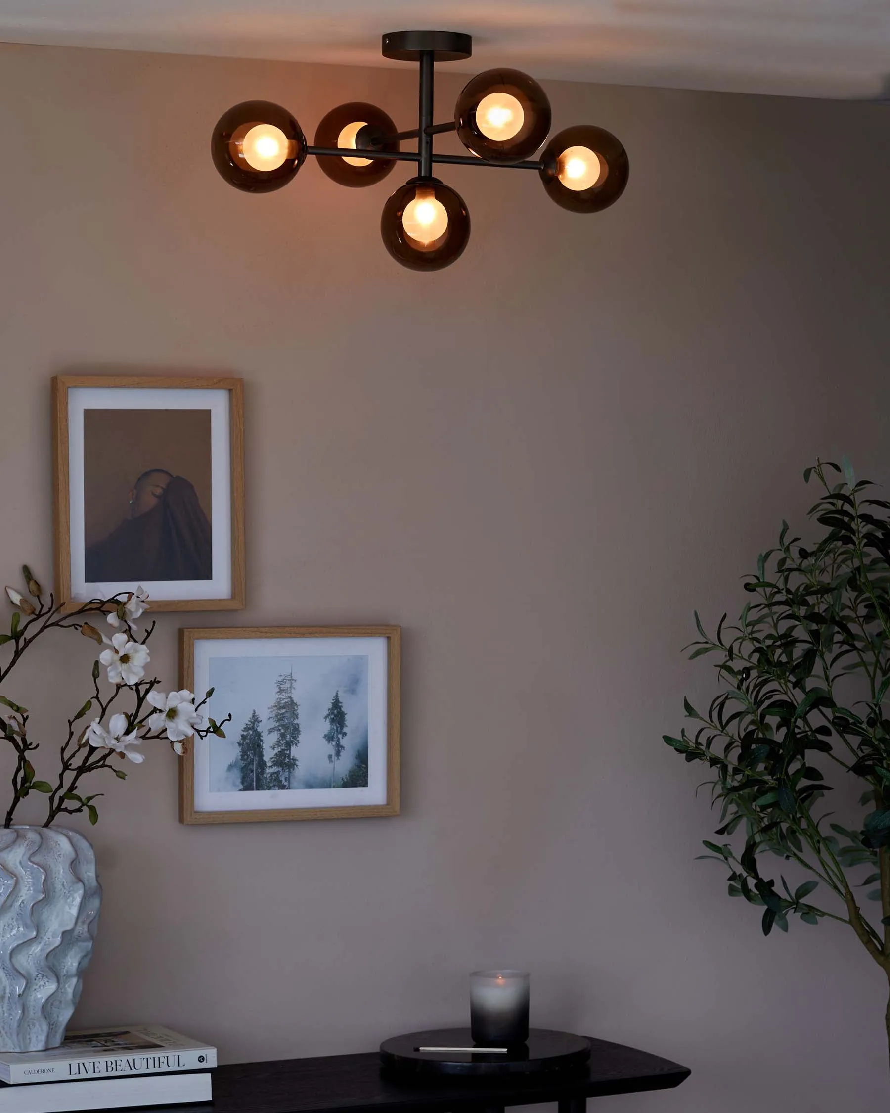 Riley Satin Nickel Semi Flush Pendant Light with Mocha Glass Bauble