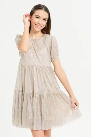 Senior Girls Pink And Gold Embellished Dress