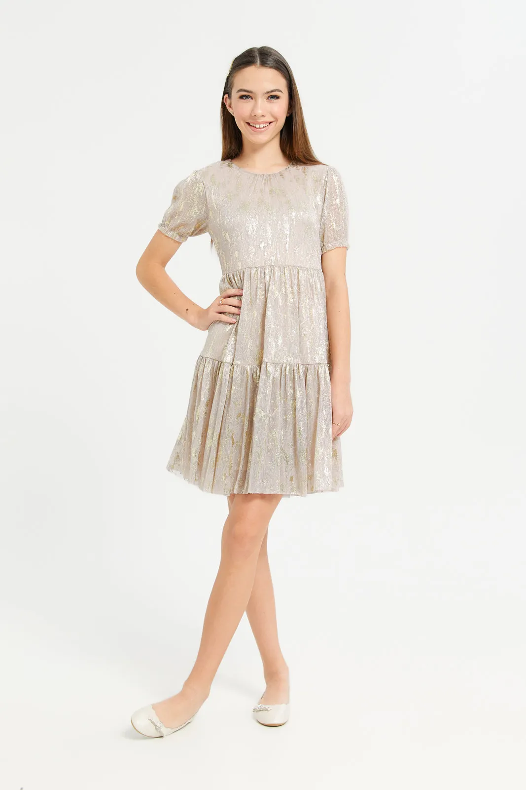 Senior Girls Pink And Gold Embellished Dress