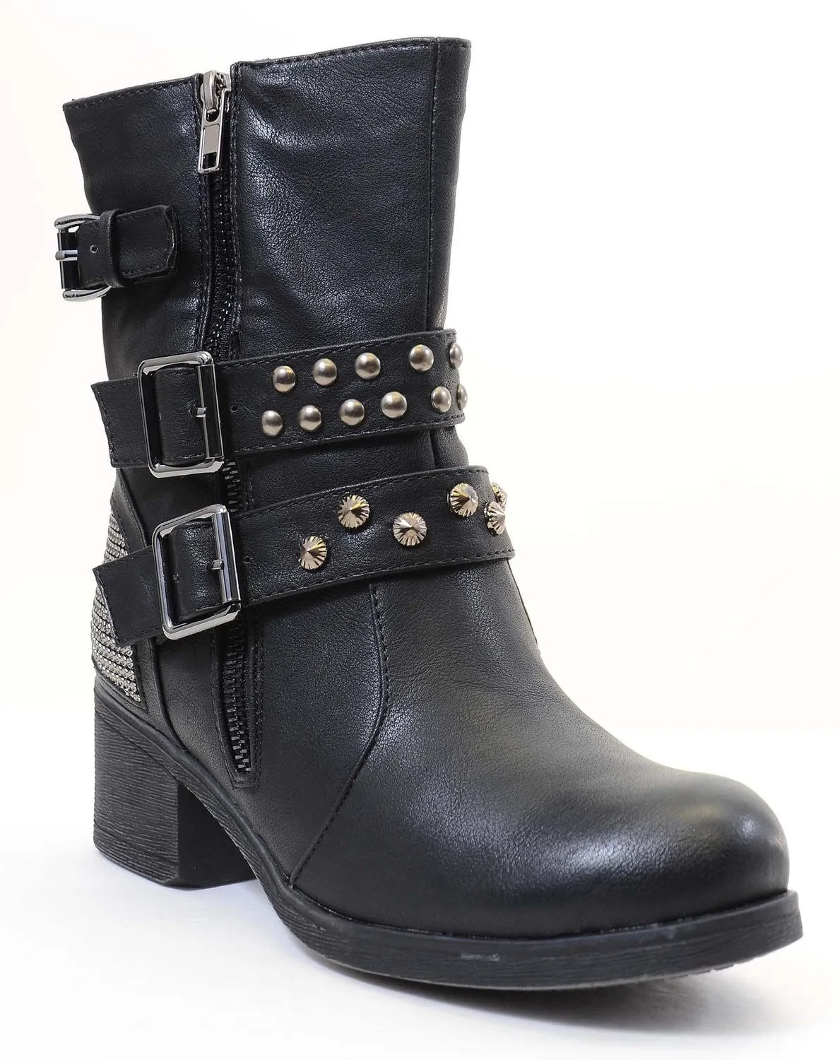 Studded Buckle Zipper Combat Military Women's Vegan Boots