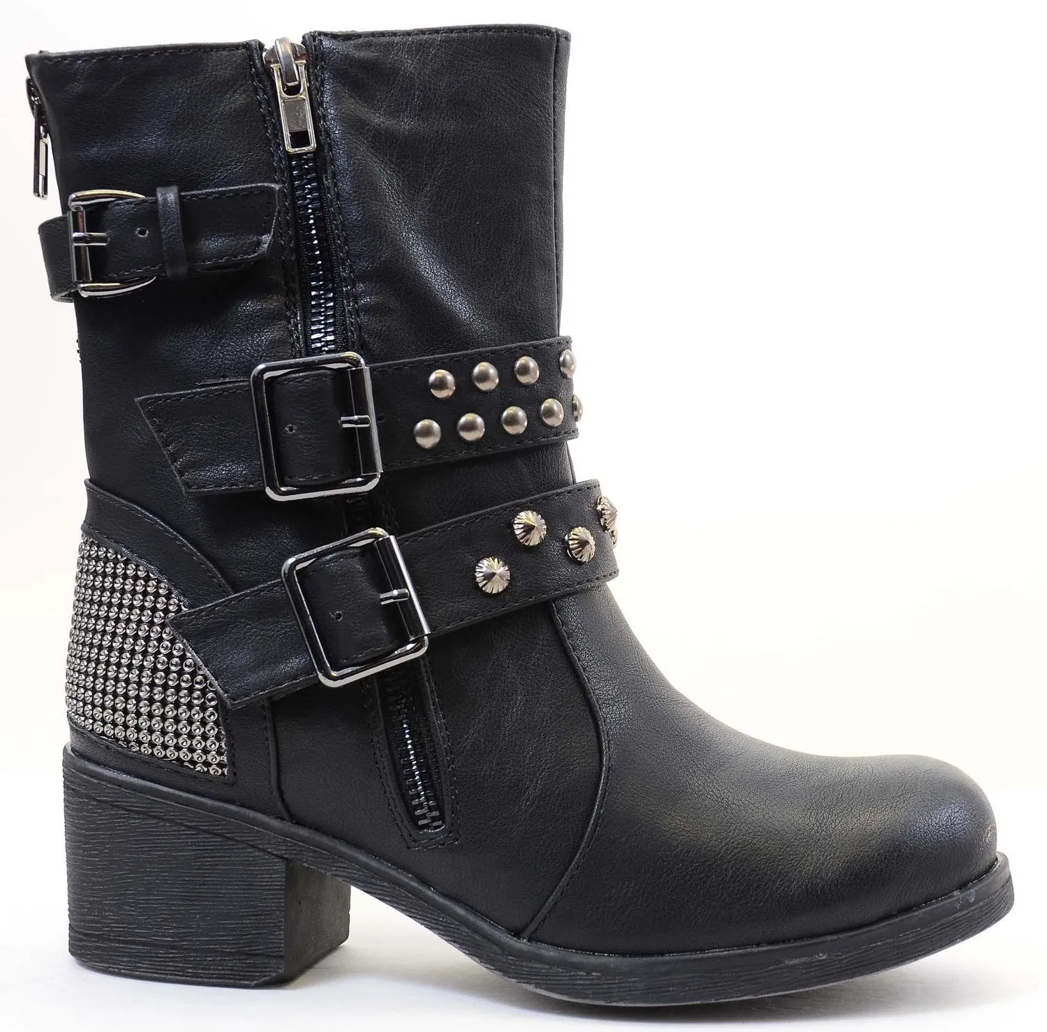 Studded Buckle Zipper Combat Military Women's Vegan Boots