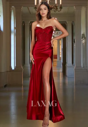 Sweetheart Off-Shoulder Sleeveless Pleated Mermaid Prom Dress Beaded High Slit Party Gowns
