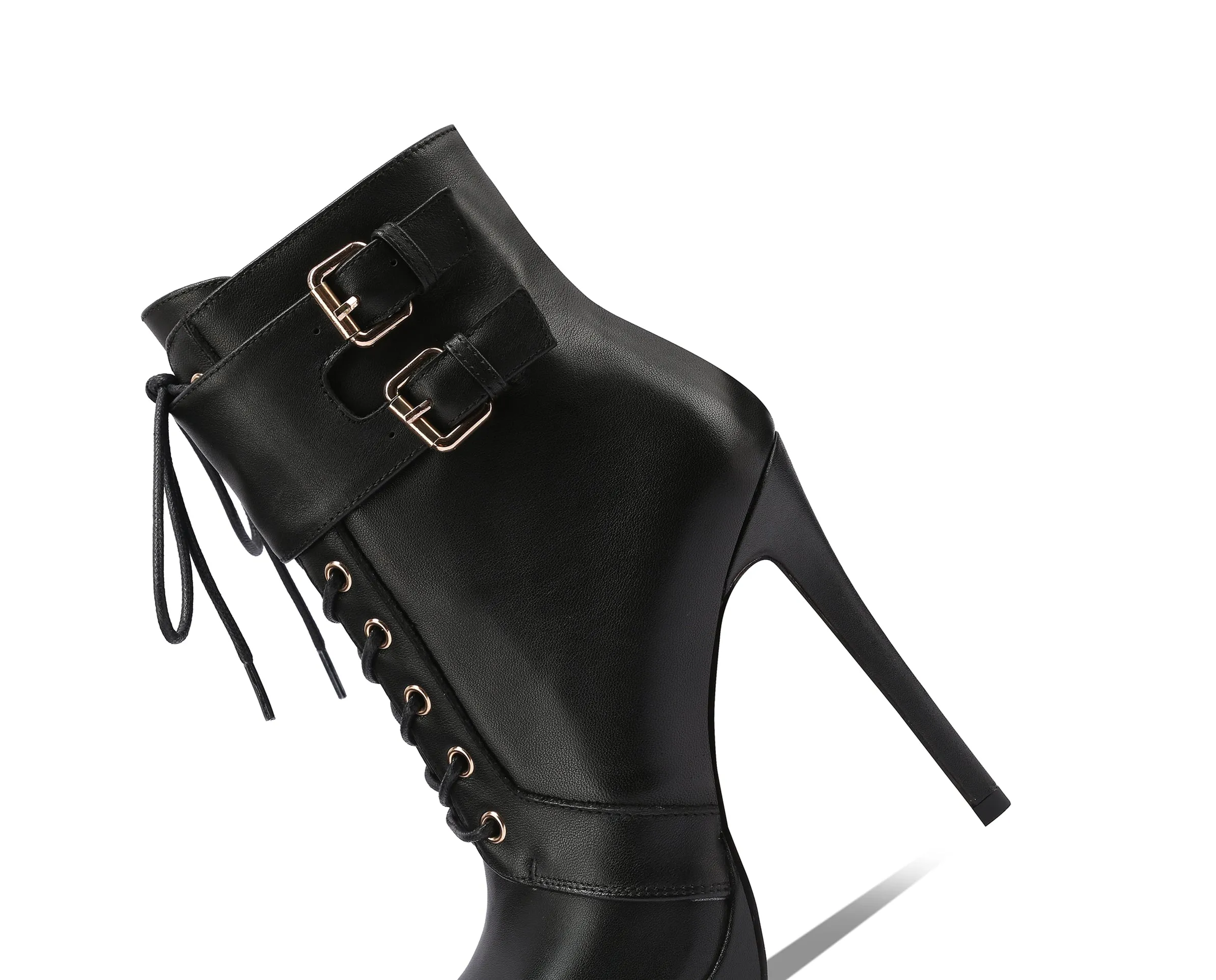 TinaCus Handmade Women's Genuine Leather Belt Front Lace Up Side Zipper Pointed Toe Platform High Stiletto Heel Ankle Boots Shoes