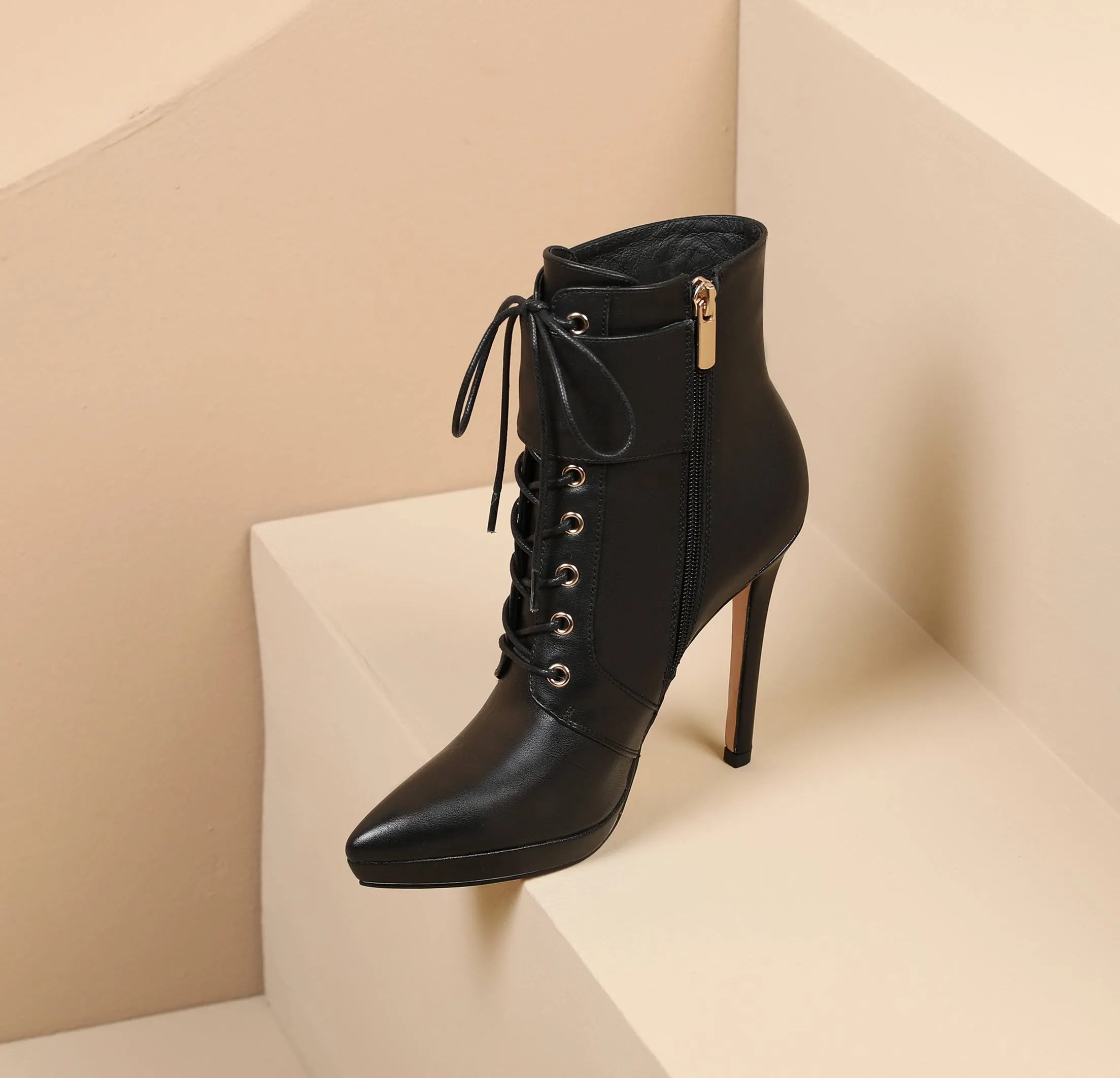 TinaCus Handmade Women's Genuine Leather Belt Front Lace Up Side Zipper Pointed Toe Platform High Stiletto Heel Ankle Boots Shoes