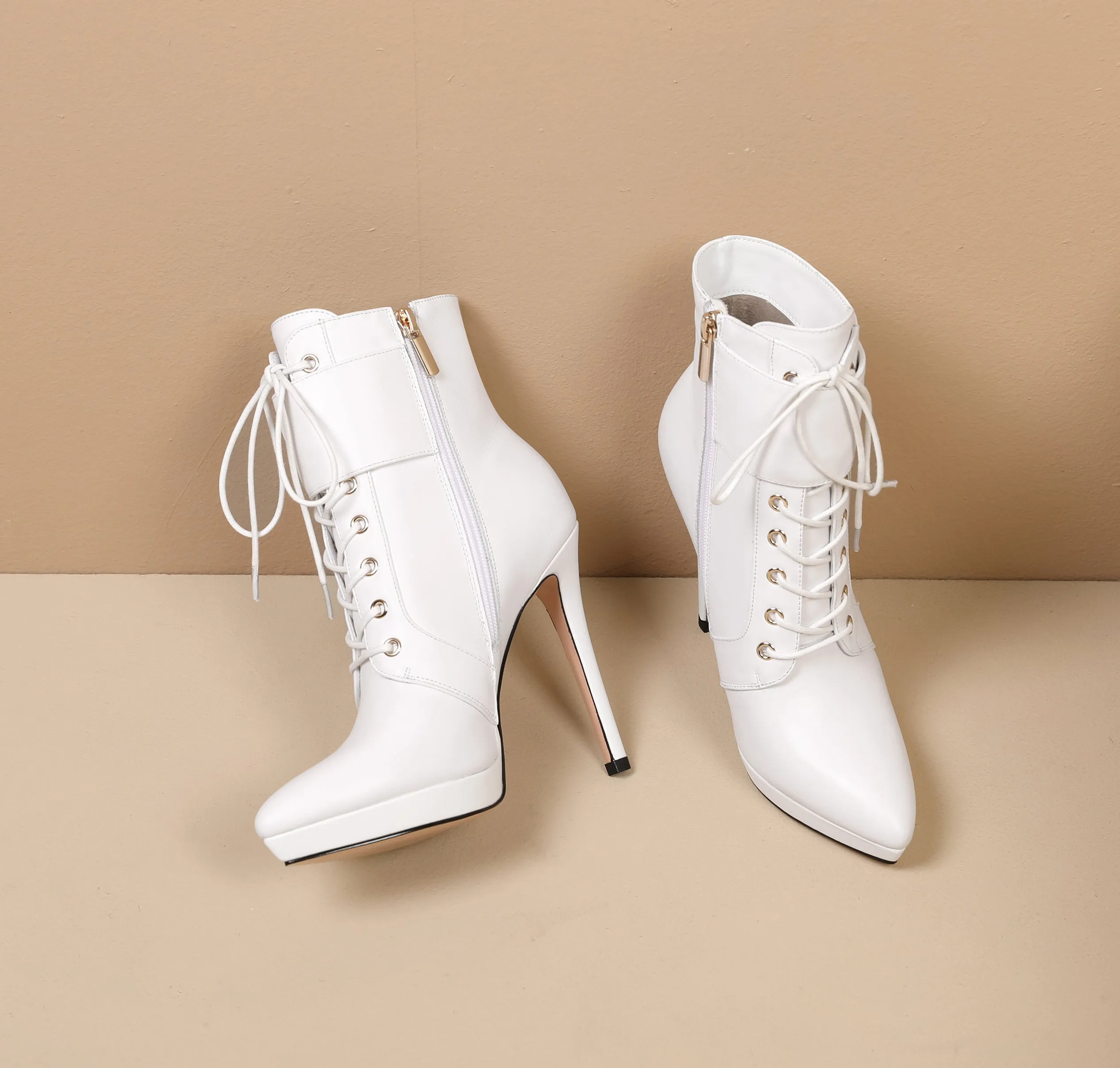 TinaCus Handmade Women's Genuine Leather Belt Front Lace Up Side Zipper Pointed Toe Platform High Stiletto Heel Ankle Boots Shoes
