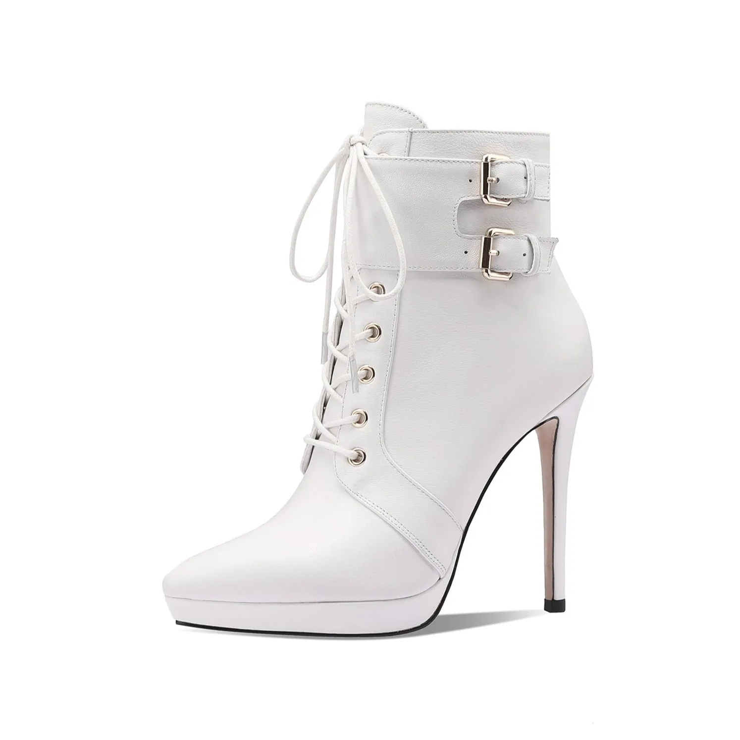 TinaCus Handmade Women's Genuine Leather Belt Front Lace Up Side Zipper Pointed Toe Platform High Stiletto Heel Ankle Boots Shoes