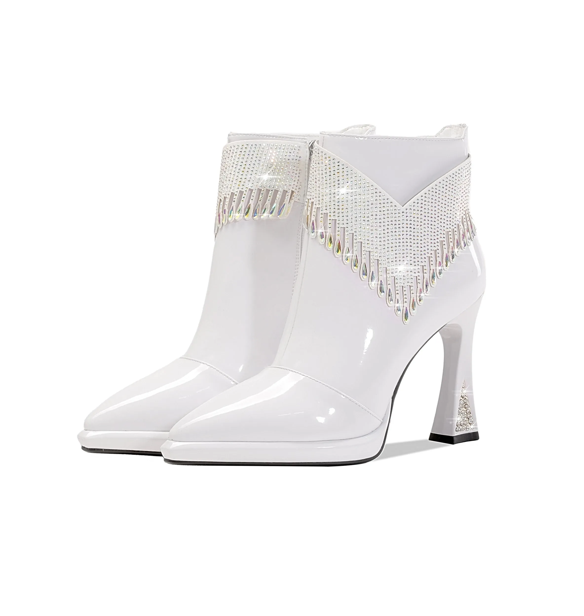 TinaCus Women's Pointed Toe Patent Leather Handmade Rhinestones Decor Zip Up High Heels Ankle Boots