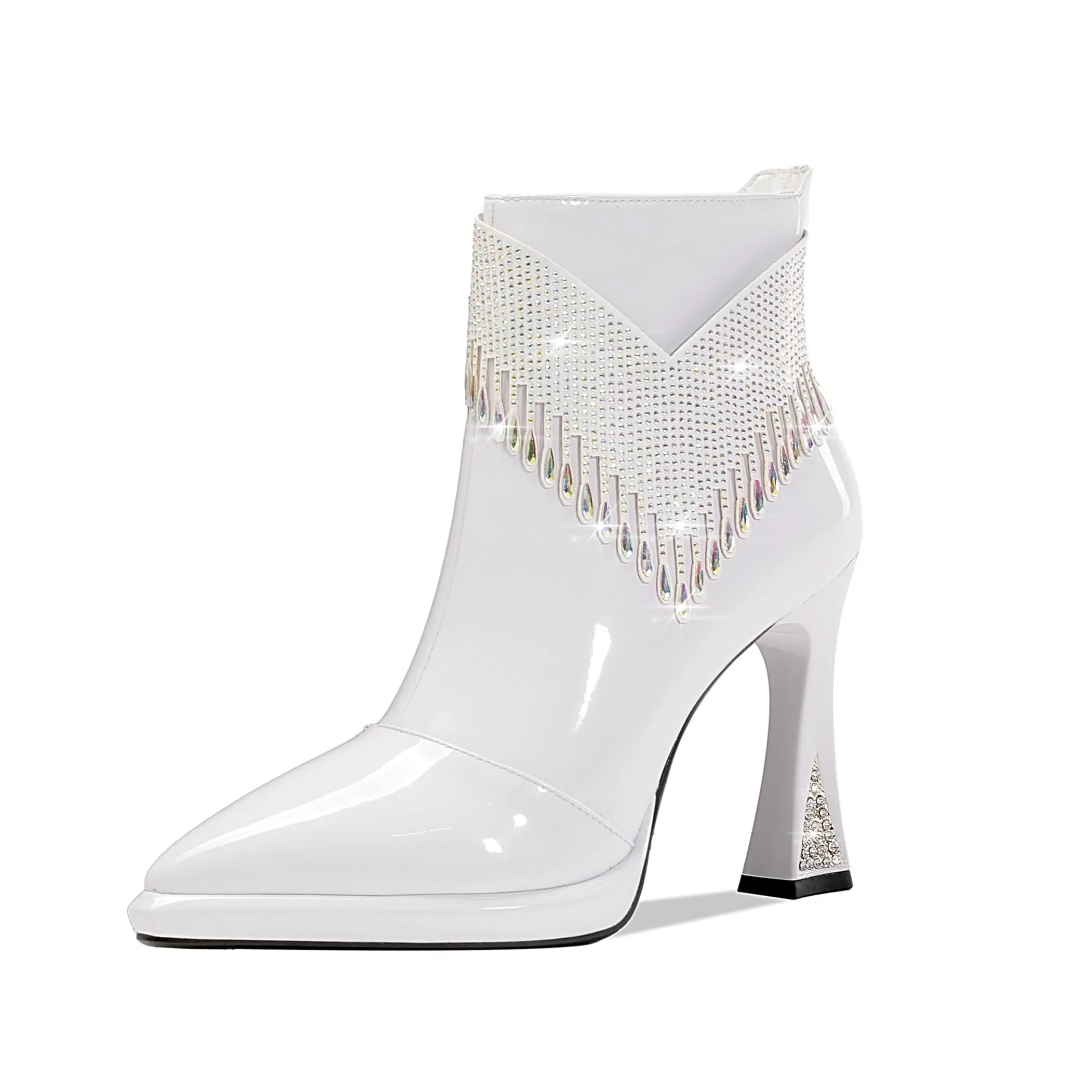 TinaCus Women's Pointed Toe Patent Leather Handmade Rhinestones Decor Zip Up High Heels Ankle Boots