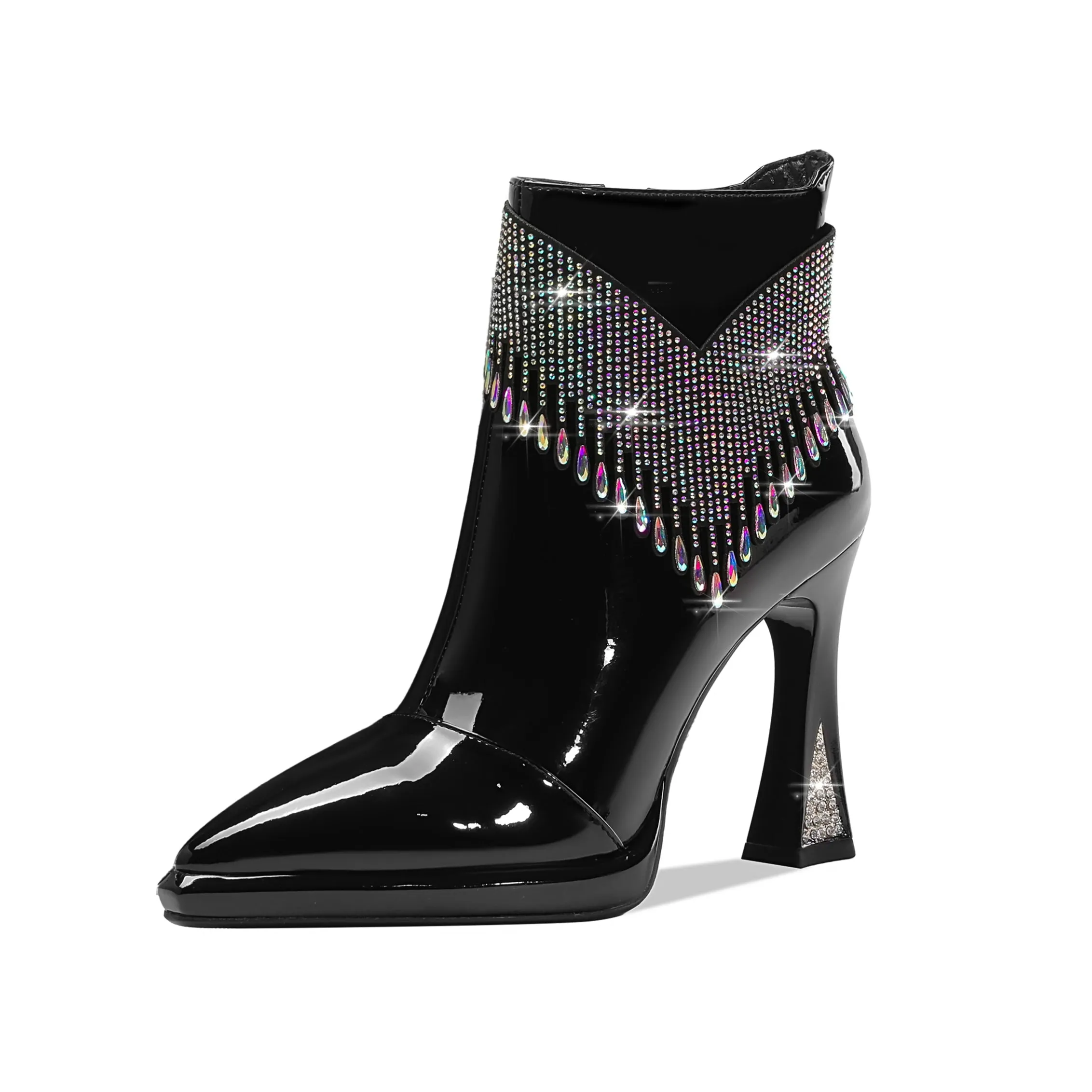 TinaCus Women's Pointed Toe Patent Leather Handmade Rhinestones Decor Zip Up High Heels Ankle Boots