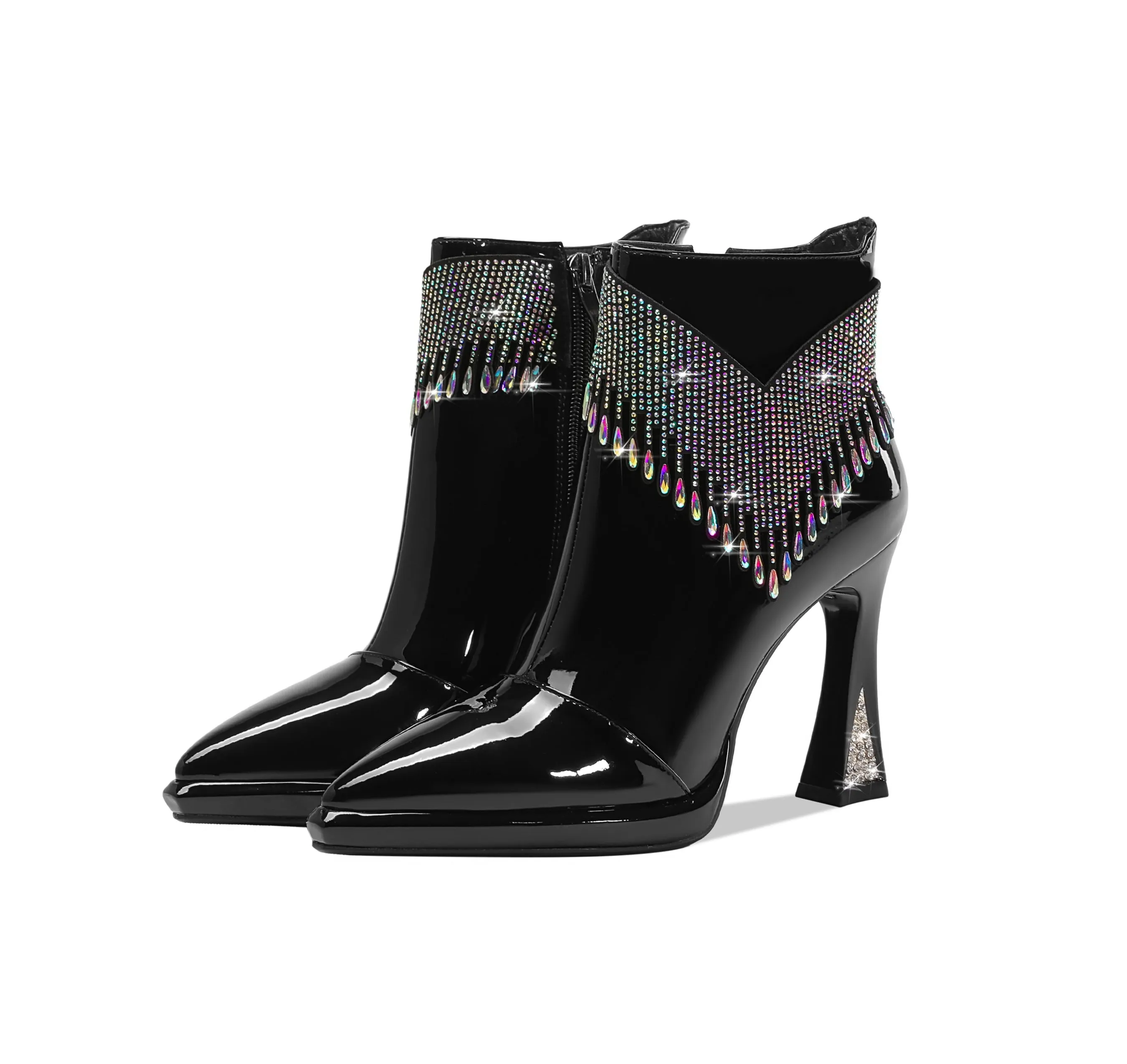 TinaCus Women's Pointed Toe Patent Leather Handmade Rhinestones Decor Zip Up High Heels Ankle Boots