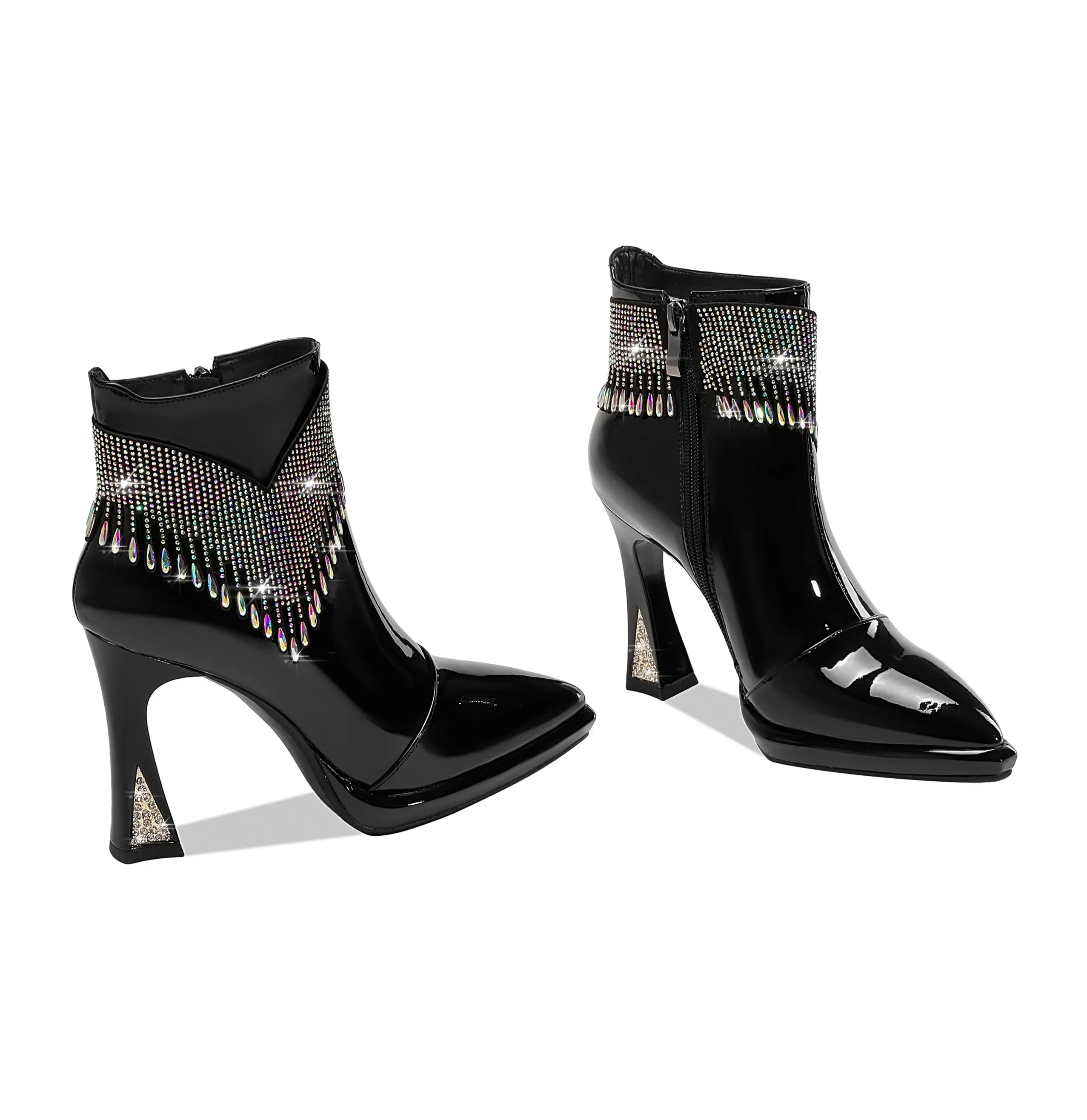 TinaCus Women's Pointed Toe Patent Leather Handmade Rhinestones Decor Zip Up High Heels Ankle Boots