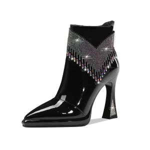 TinaCus Women's Pointed Toe Patent Leather Handmade Rhinestones Decor Zip Up High Heels Ankle Boots