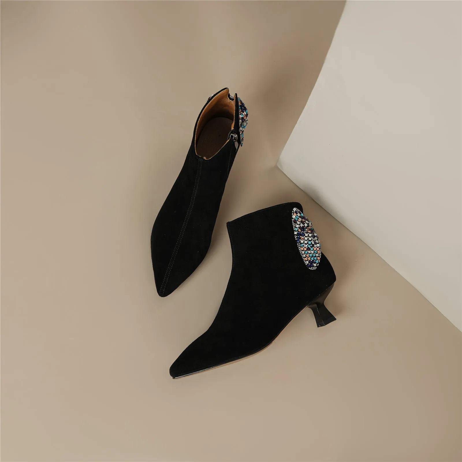 TinaCus Women's Suede Leather Handmade Back Glitter Pattern Kitten Heel Zip Up Ankle Boots