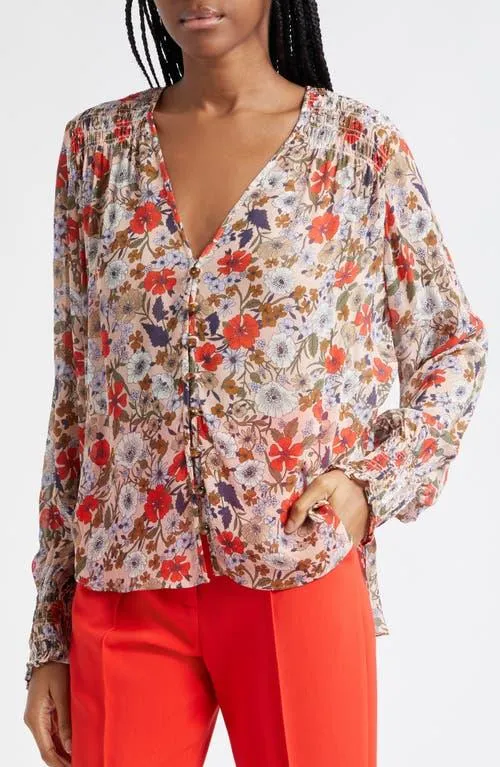 Veronica Beard Neha Floral Printed Crepe Blouse