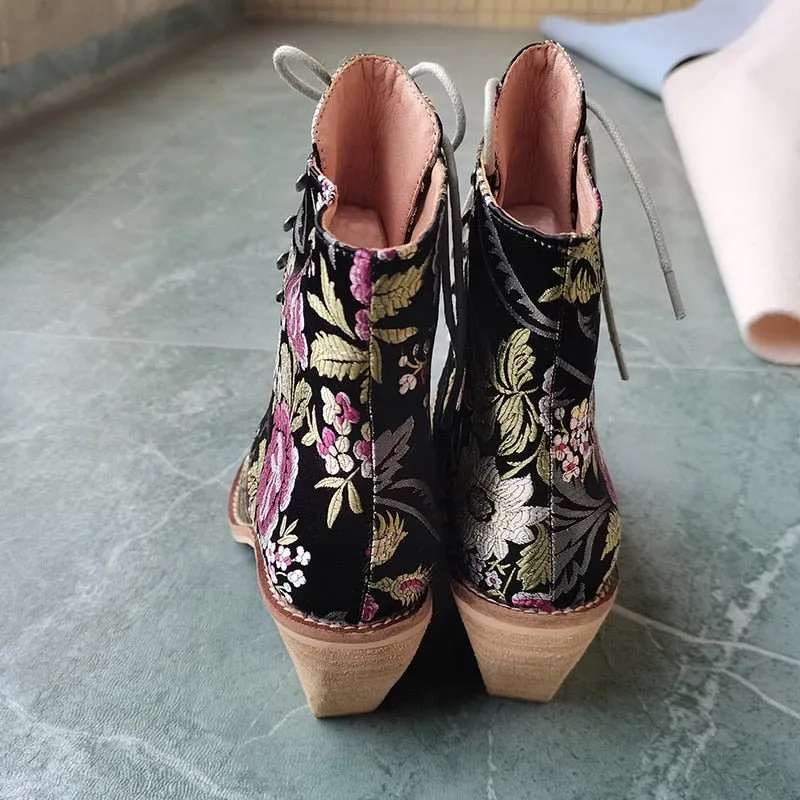 Victorian Silk Embroidered Narrow-Toe Granny Boots