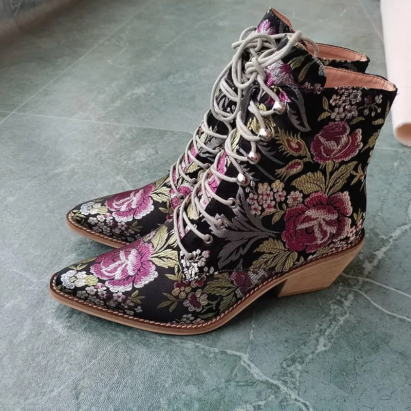 Victorian Silk Embroidered Narrow-Toe Granny Boots