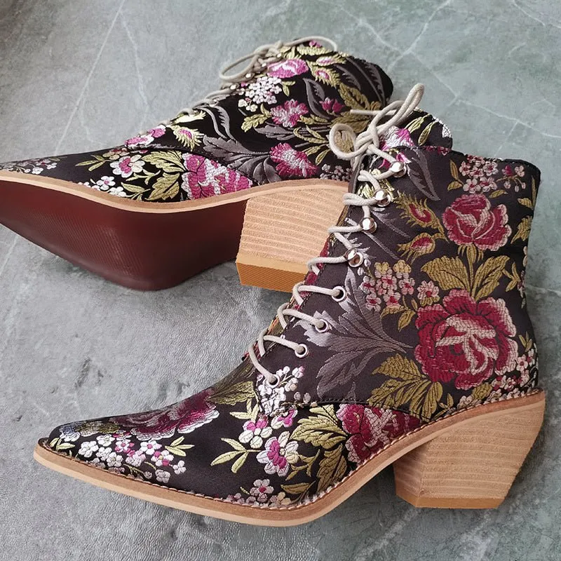 Victorian Silk Embroidered Narrow-Toe Granny Boots