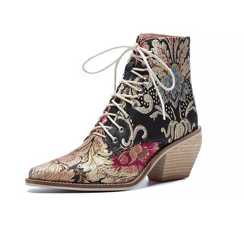 Victorian Silk Embroidered Narrow-Toe Granny Boots