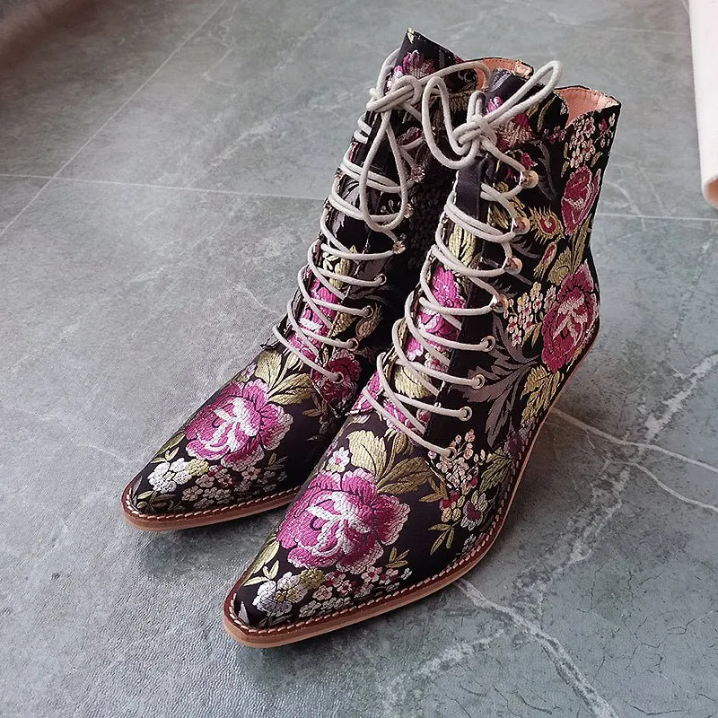 Victorian Silk Embroidered Narrow-Toe Granny Boots