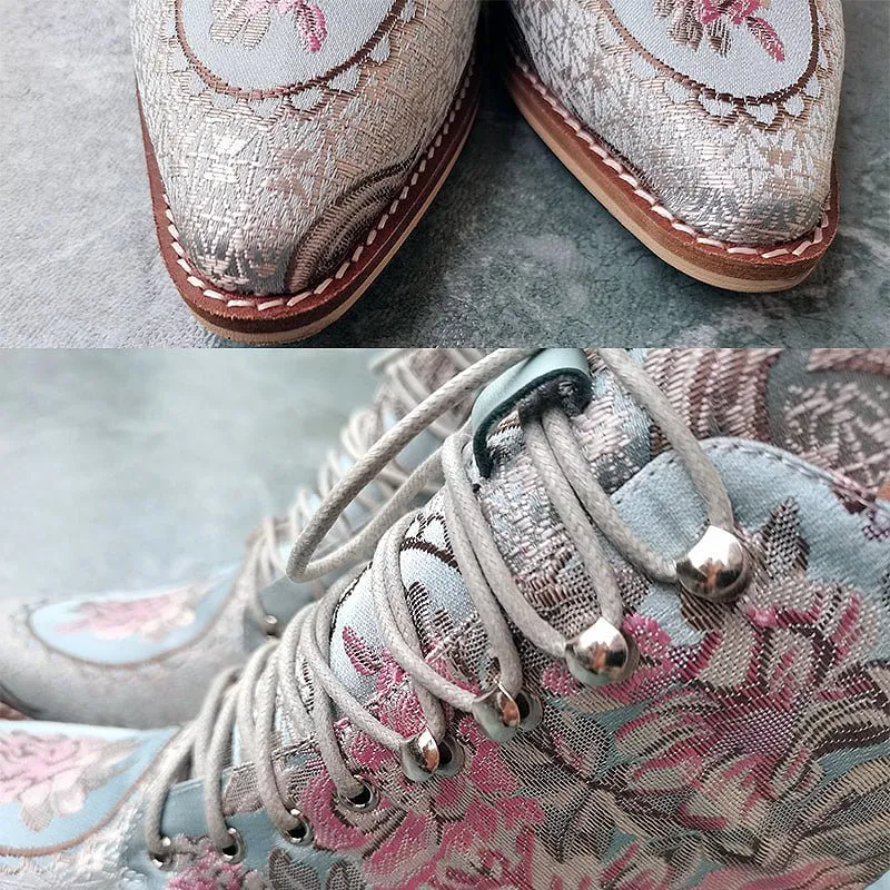 Victorian Silk Embroidered Narrow-Toe Granny Boots