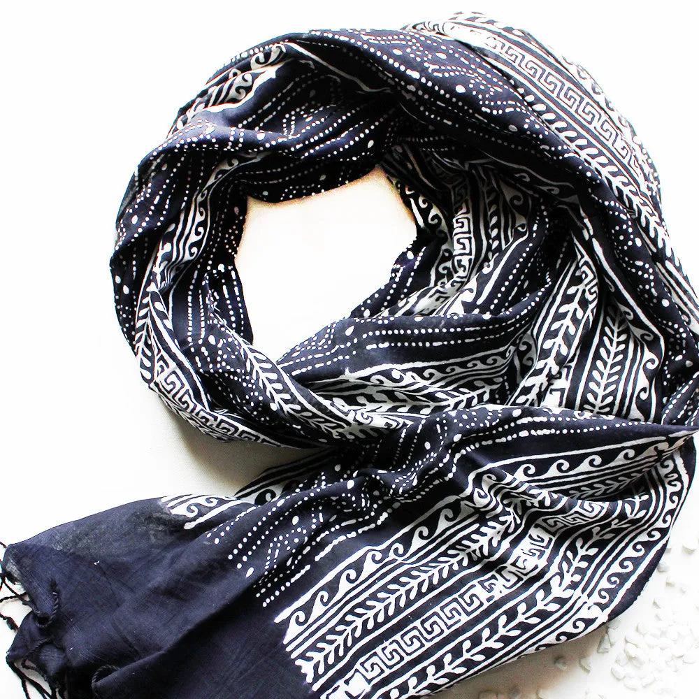 White & Black Cotton Stole | Scarf with Block printed Indian Floral & Leaf Design