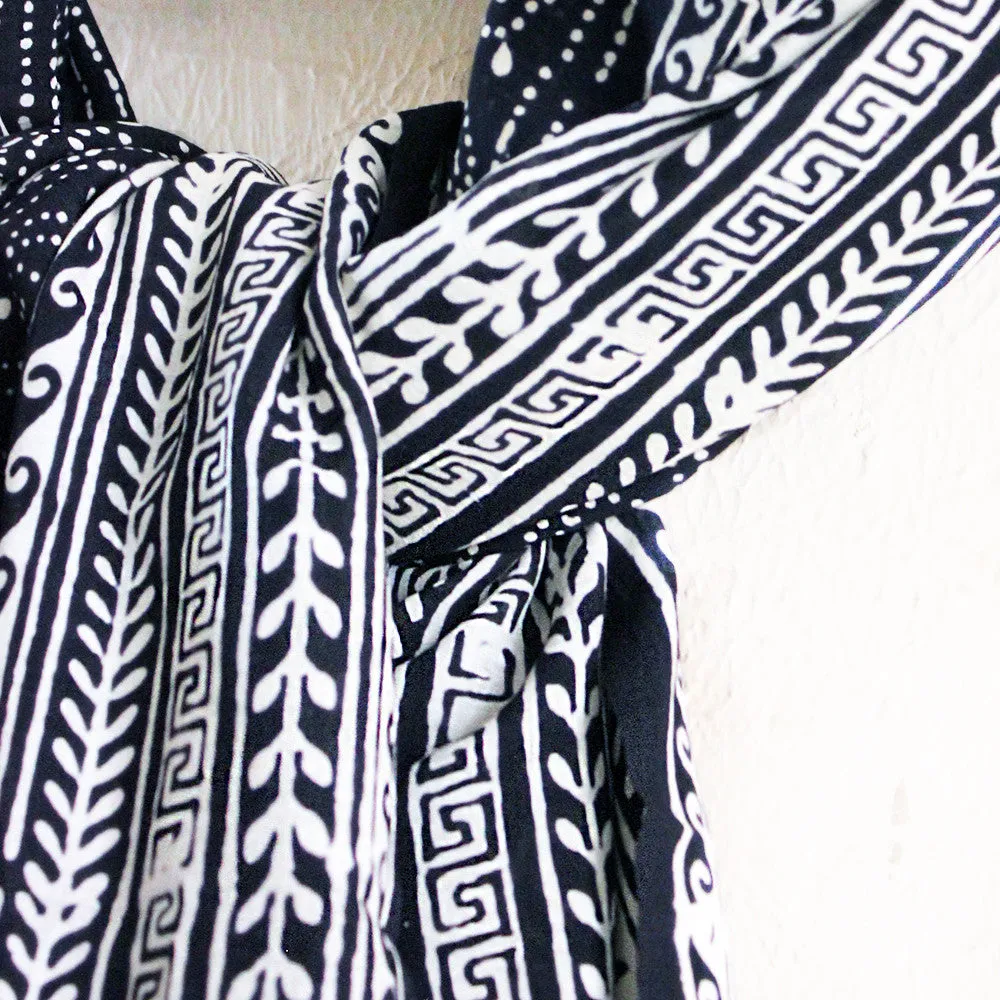 White & Black Cotton Stole | Scarf with Block printed Indian Floral & Leaf Design