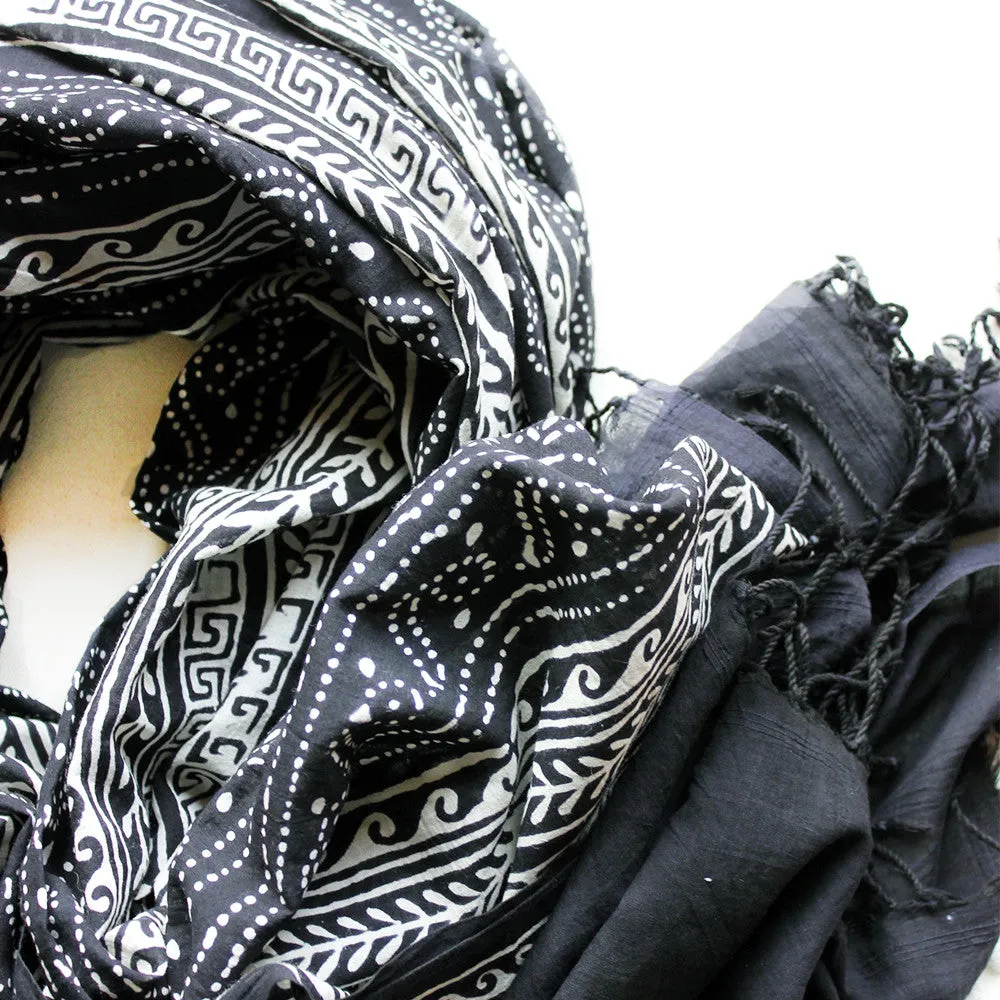 White & Black Cotton Stole | Scarf with Block printed Indian Floral & Leaf Design
