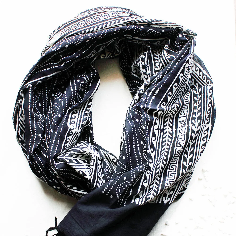 White & Black Cotton Stole | Scarf with Block printed Indian Floral & Leaf Design