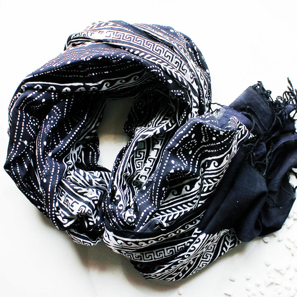 White & Black Cotton Stole | Scarf with Block printed Indian Floral & Leaf Design