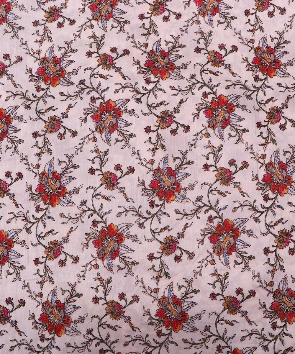 White Colour  Floral Pattern Chanderi Silk Fabric