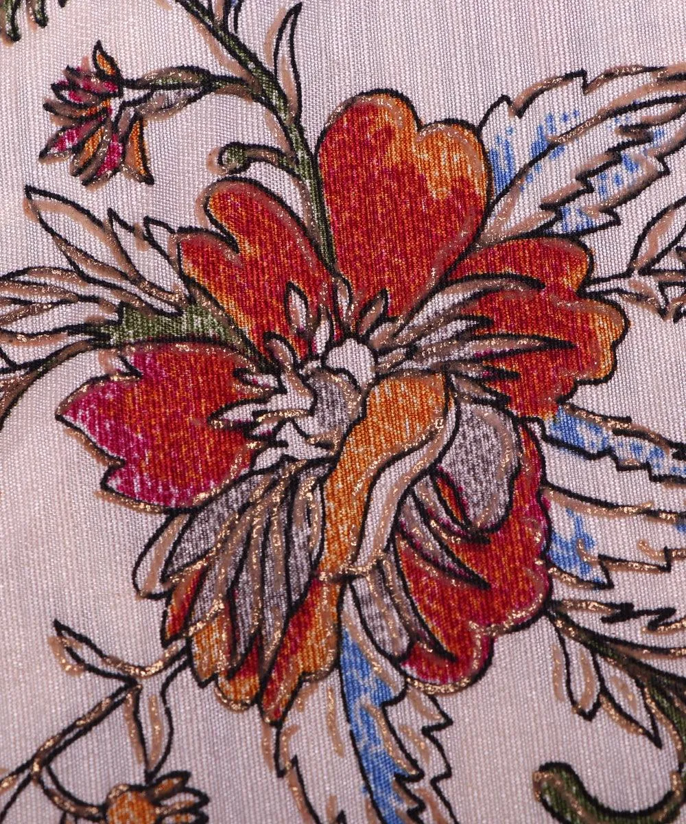 White Colour  Floral Pattern Chanderi Silk Fabric