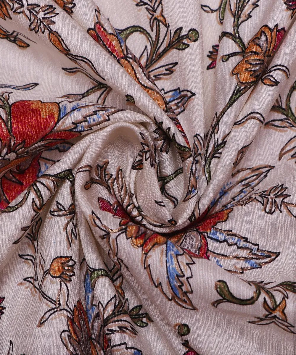 White Colour  Floral Pattern Chanderi Silk Fabric