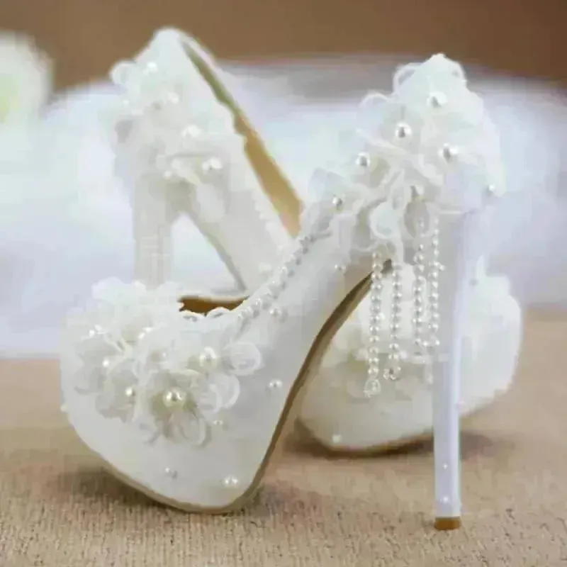 White Lace Flower High Heels Tassel Bridal Wedding Bridesmaid Shoes