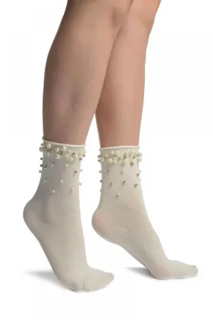 White With Pearls and Silver Beads Ankle High Socks