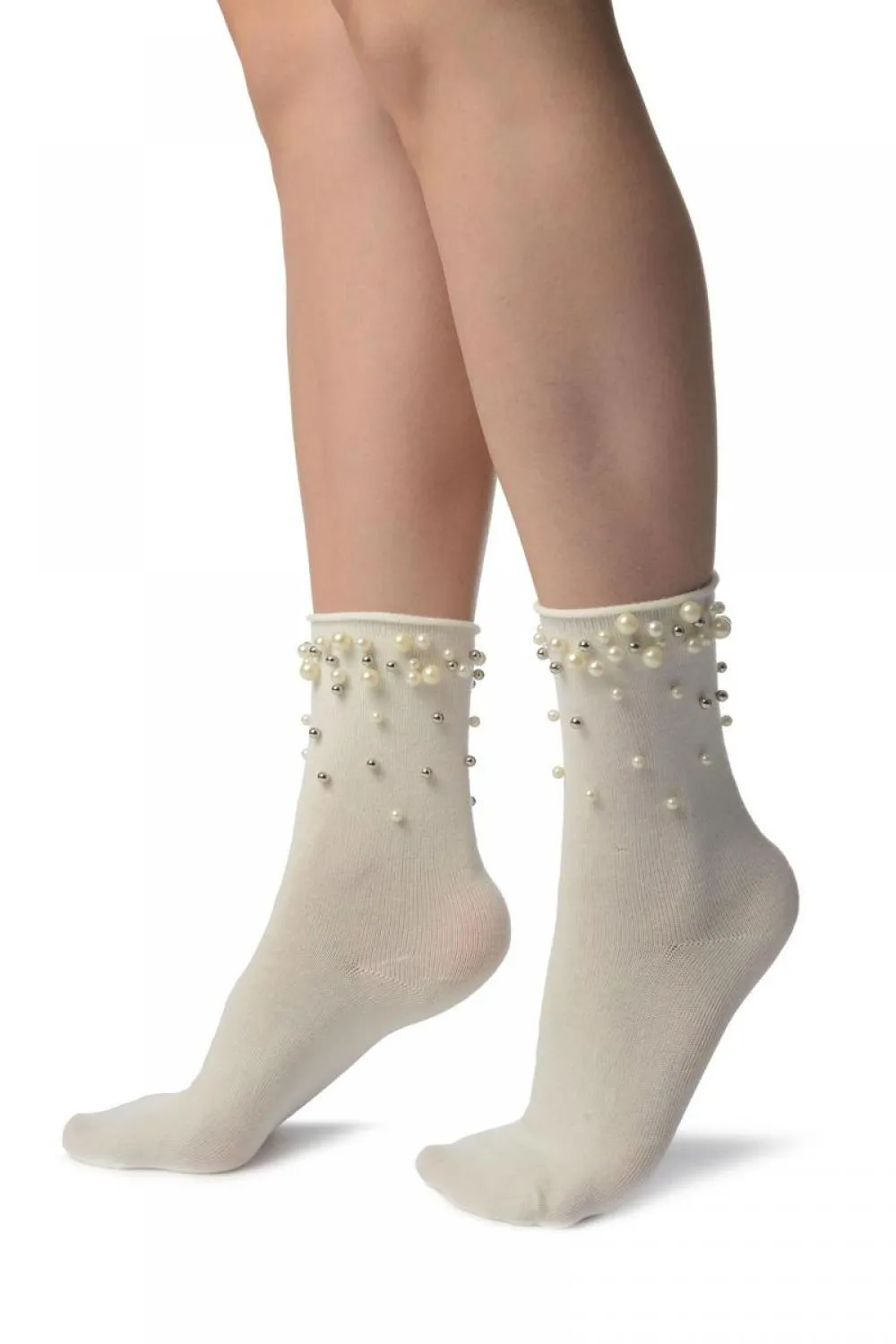 White With Pearls and Silver Beads Ankle High Socks