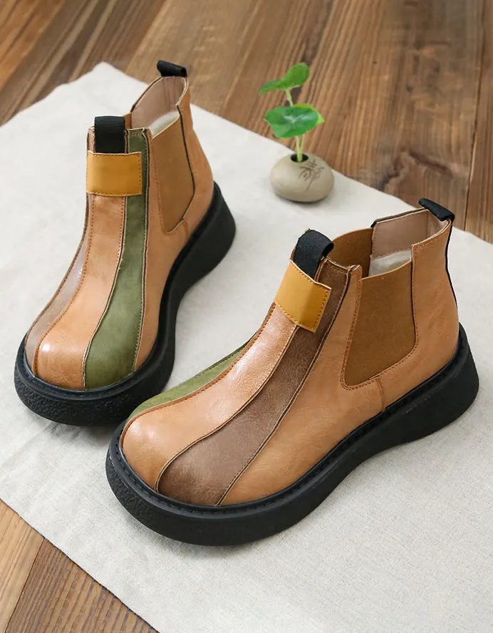 Wide Head Retro Leather Patched Ankle Boots