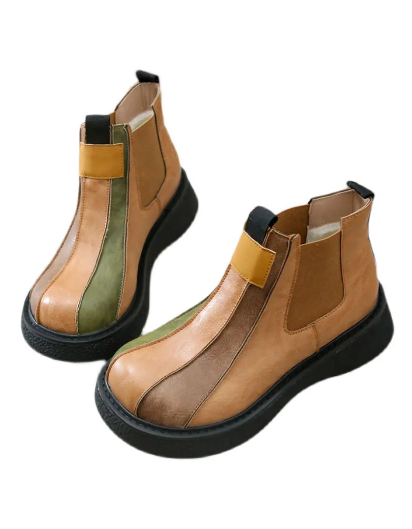 Wide Head Retro Leather Patched Ankle Boots