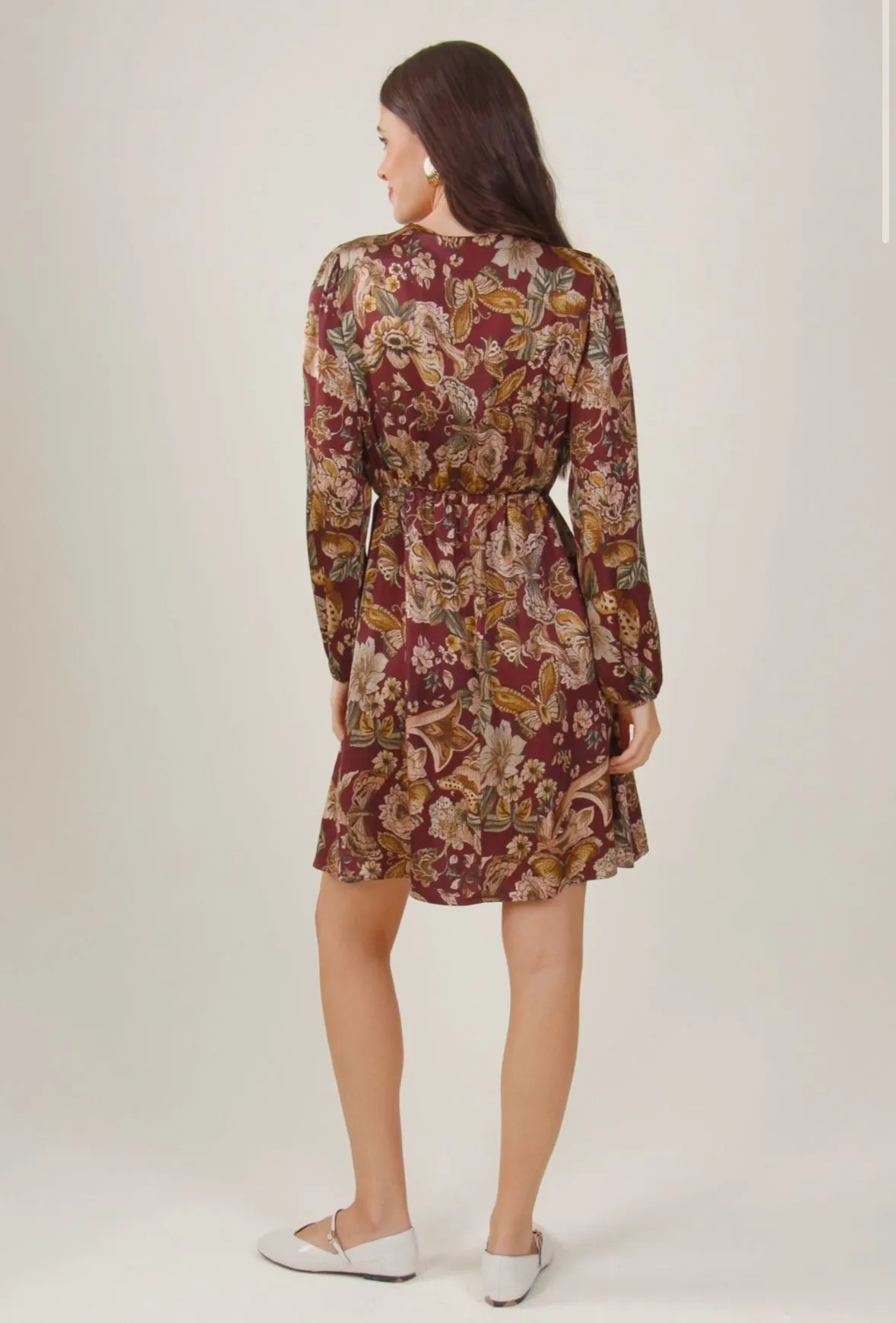 Wine Floral  V-Neck Long Sleeve Dress