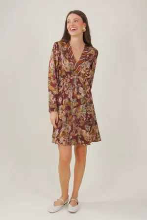 Wine Floral  V-Neck Long Sleeve Dress
