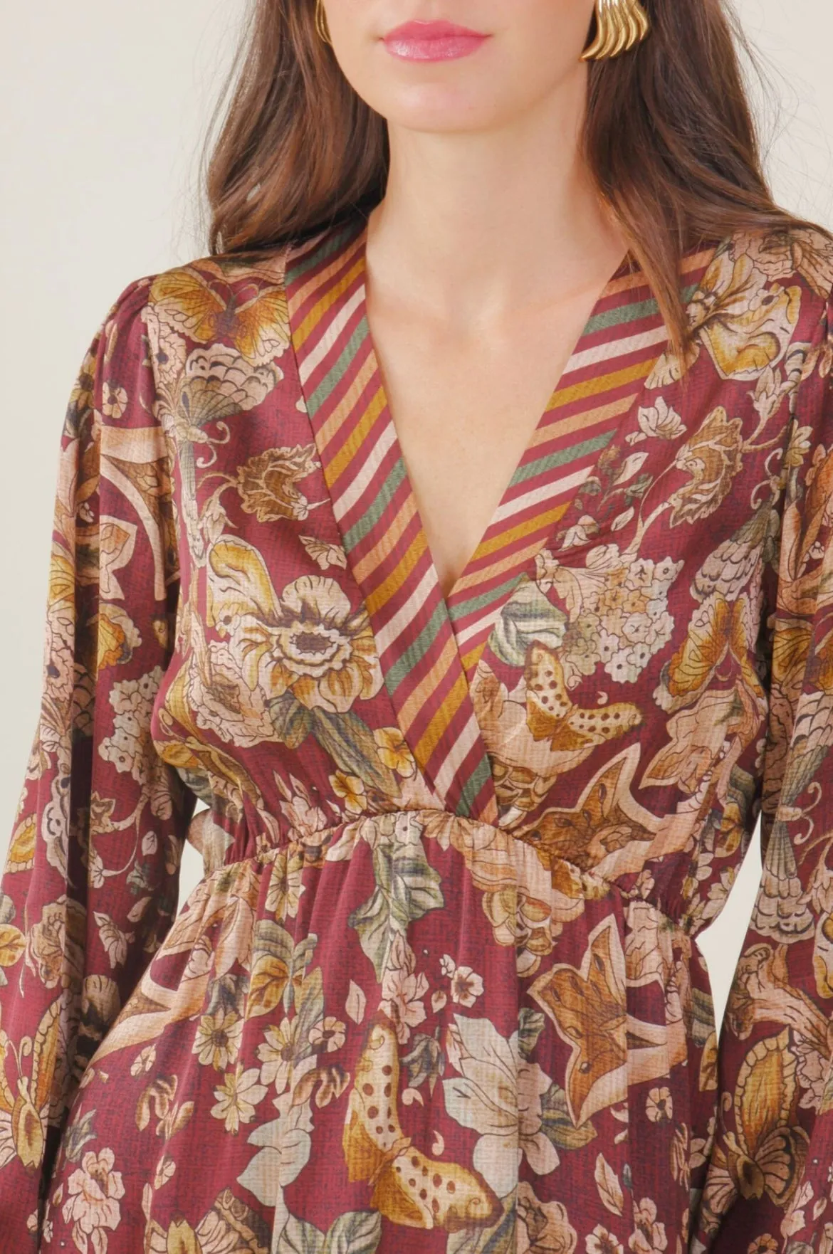 Wine Floral  V-Neck Long Sleeve Dress