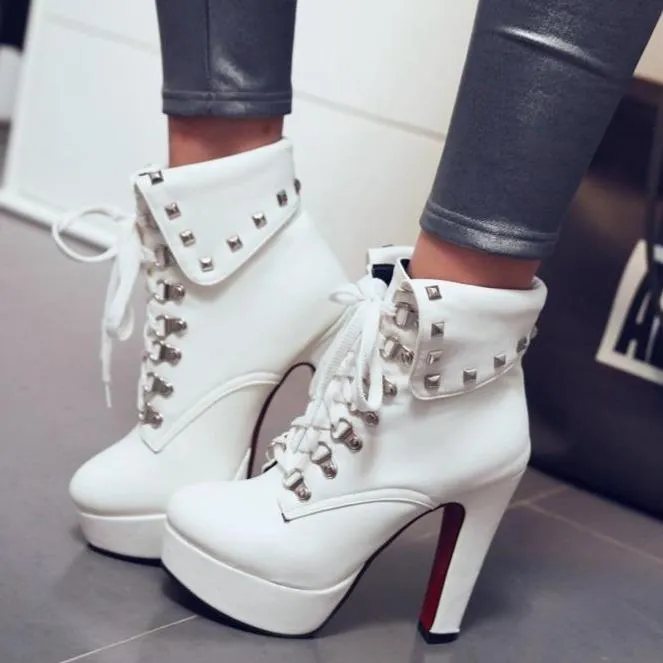 Women Fashion Turn-down Studded Lace Up Platform High Heel Boots