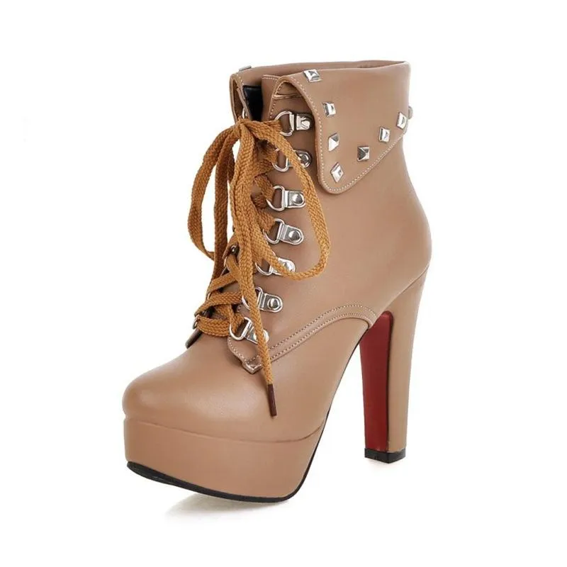 Women Fashion Turn-down Studded Lace Up Platform High Heel Boots
