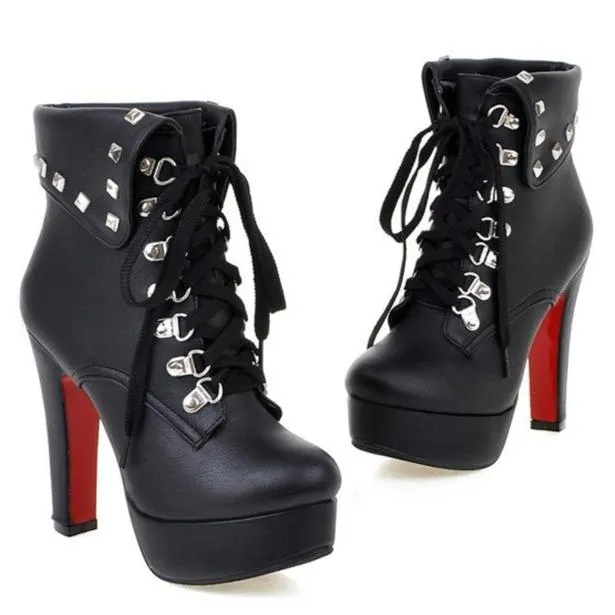 Women Fashion Turn-down Studded Lace Up Platform High Heel Boots