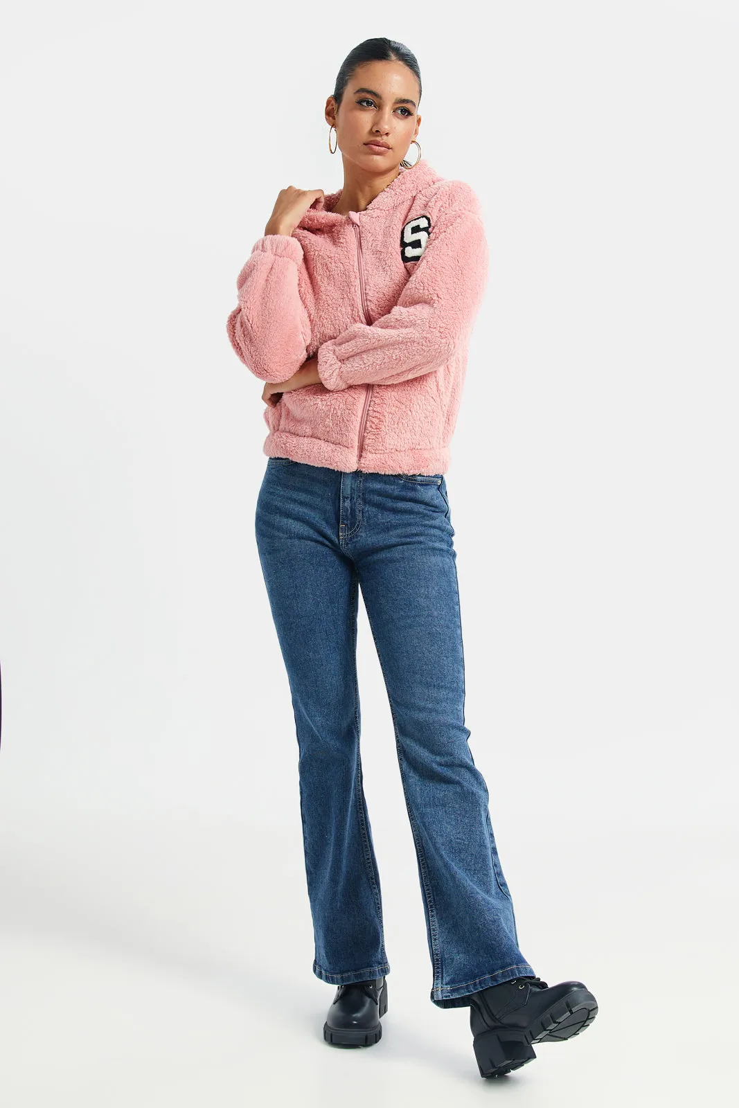 Women Pink Fleece Zip Through Hooded Sweatshirt