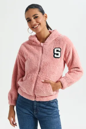 Women Pink Fleece Zip Through Hooded Sweatshirt