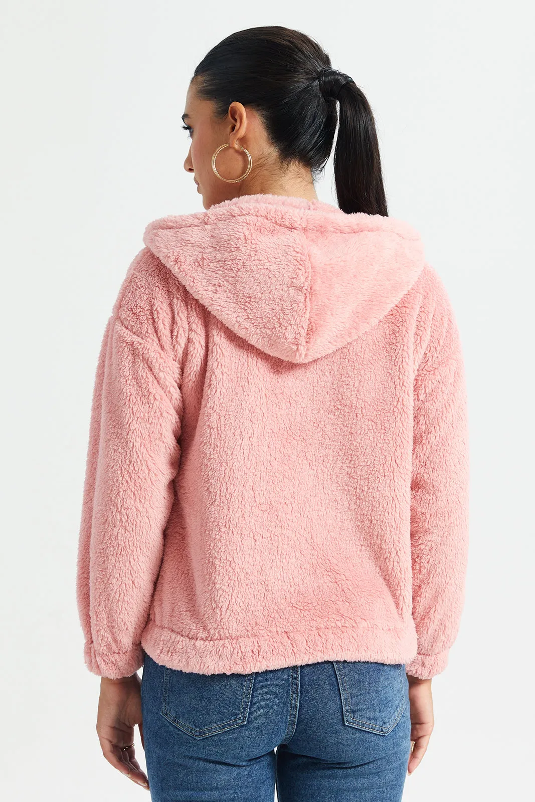 Women Pink Fleece Zip Through Hooded Sweatshirt
