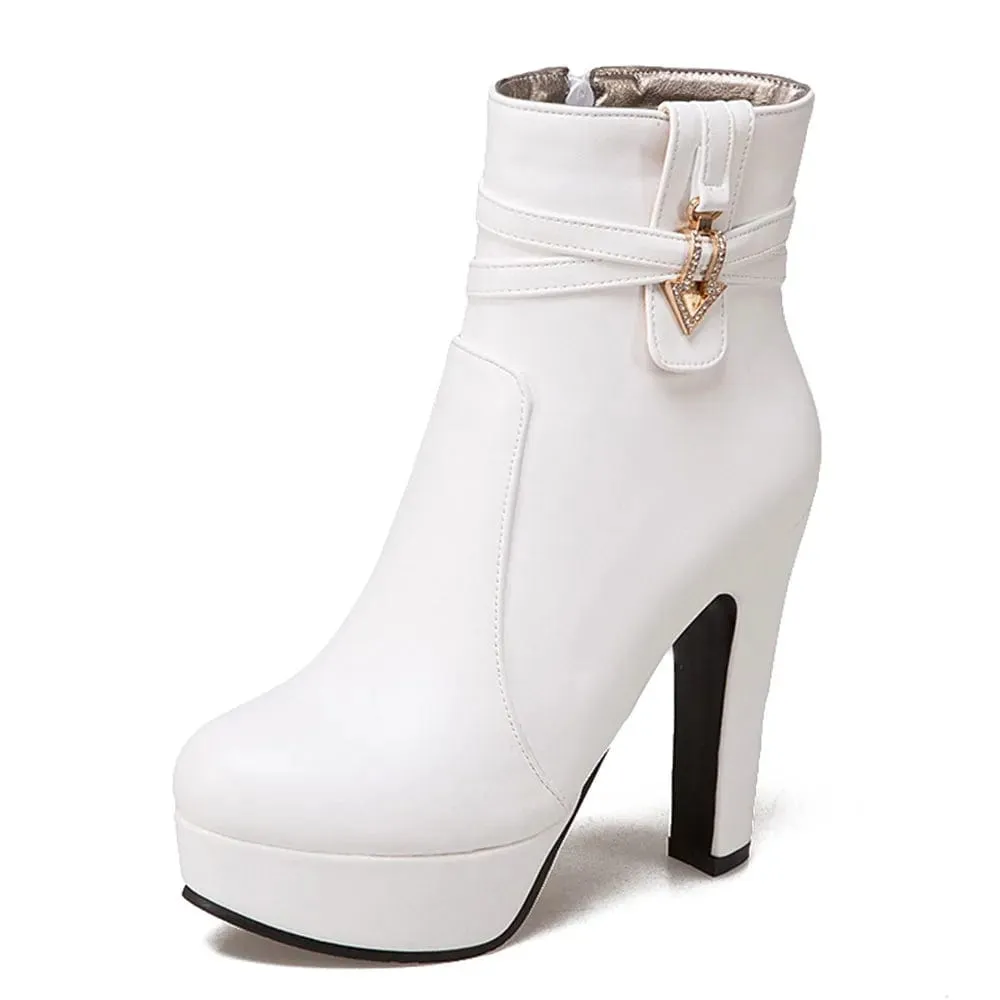 Women  PU leather ankle square high heels round toe platform  boots Plus
