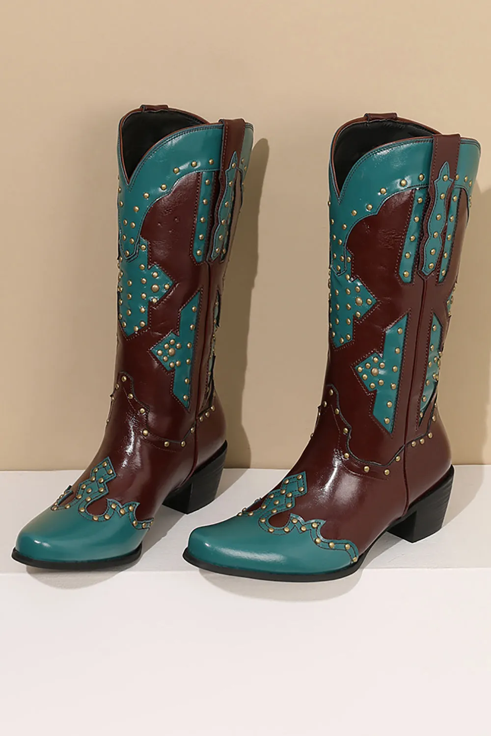 Women's Embroidered Blue Pointed Toe Calf High Cowgirl Boots